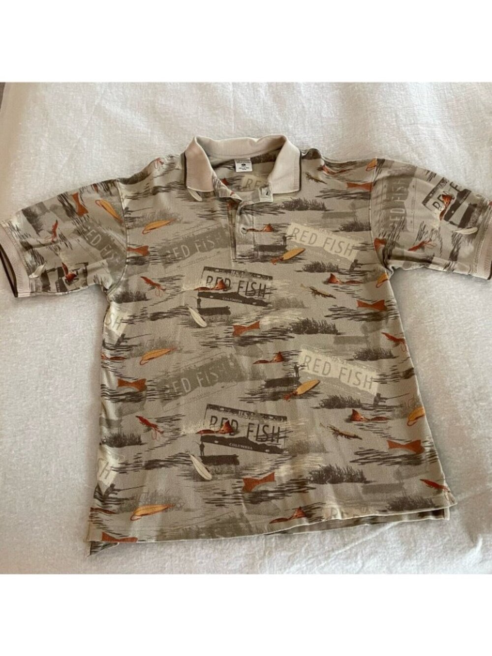 Columbia Shirt Mens Large Allover Print Red Fish Lure Polo 100% Cotton